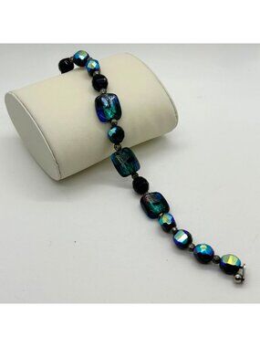 Vintage Blue Green Iridescent Glass Bead Bracelet Oil Slick Peacock Blue Elegant